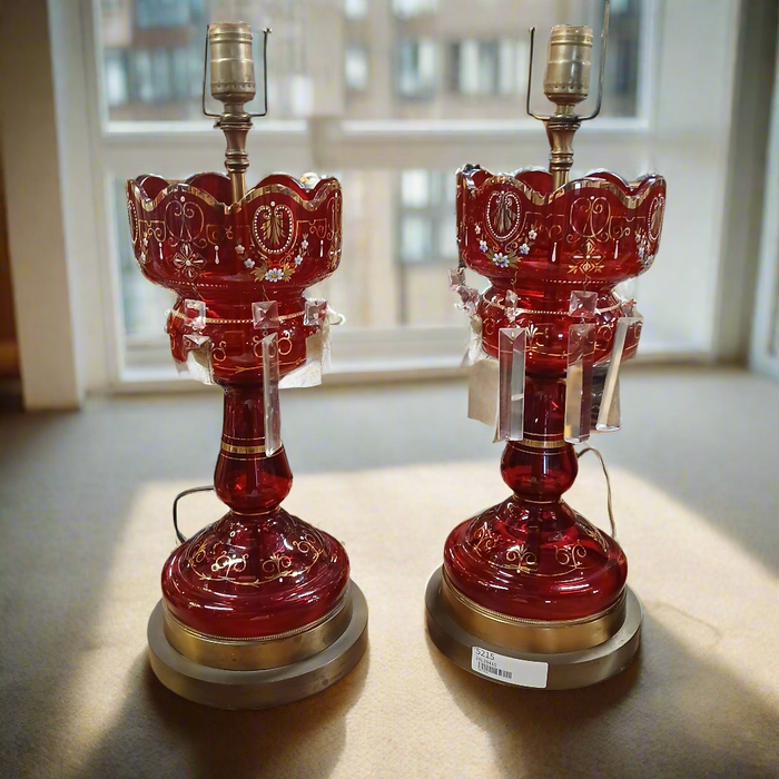 PAIR OF RUBY GLASS LUSTER LAMPS