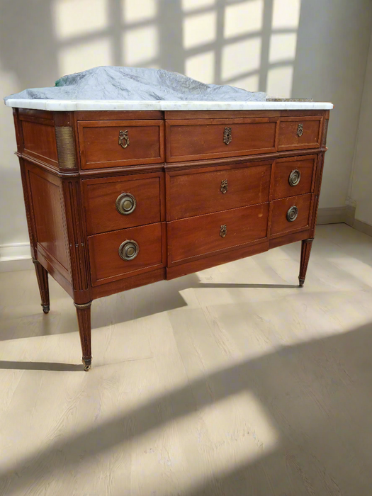 LOUIS XVI MAHOGANY MARBLE TOP 3 DRAWER CHEST WITH OVERHANG