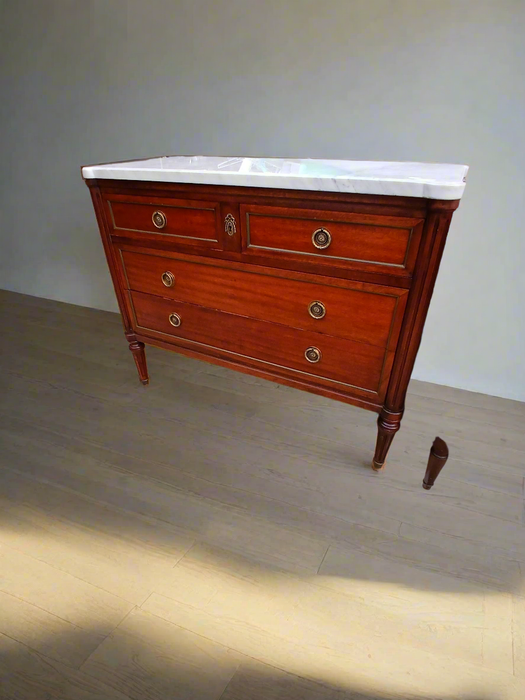 `LOUIS XVI MAHOGANY MARBLE TOP 4 DRAWER CHEST WITH RING PULLS