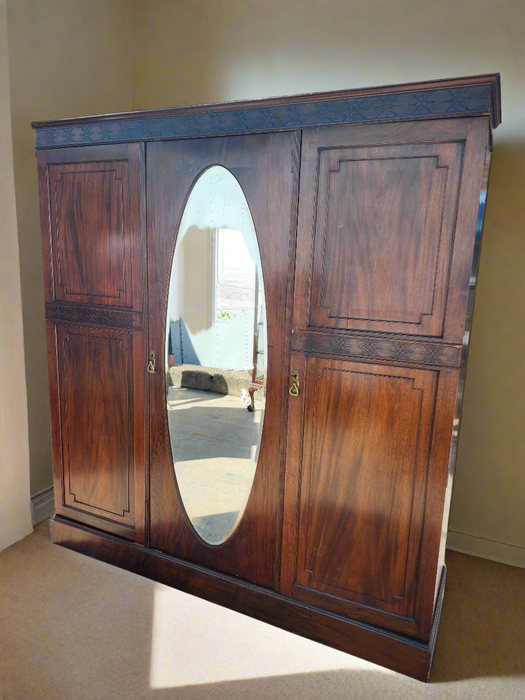 3 DOOR MAHOGANY MIRRORED ARMOIRE