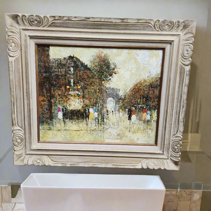 IMPRESSIONIST PARISIEN STREET SCENE OIL PAINTING ON CANVAS IN WOOD FRAME