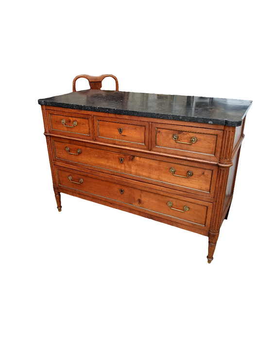 LOUIS XVI CHERRY MARBLE TOP 3 DRAWER CHEST WITH BALE PULLS