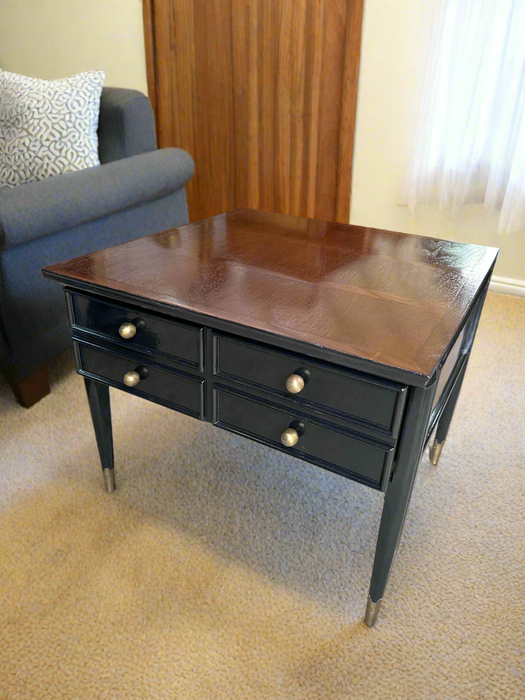 BLACK MID CENTURY END TABLE WITH WALNUT TOP AND DRAWERSDRAWERS