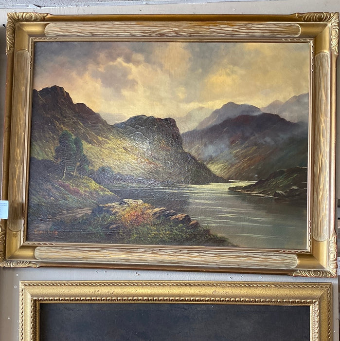 LARGE OIL PAINTING ON CANVAS OF MOUNTAINS WITH RIVER BY THOMAS BLAKE