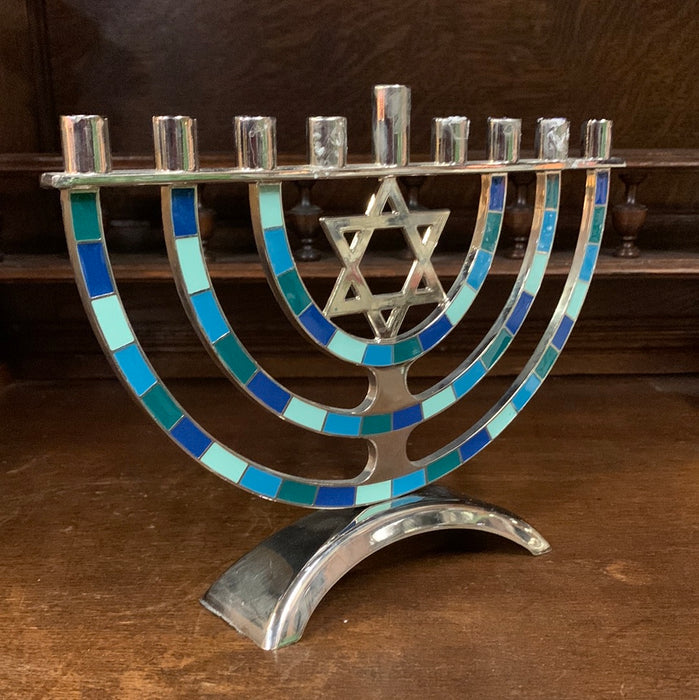 CHROME AND BLUE MENORAH