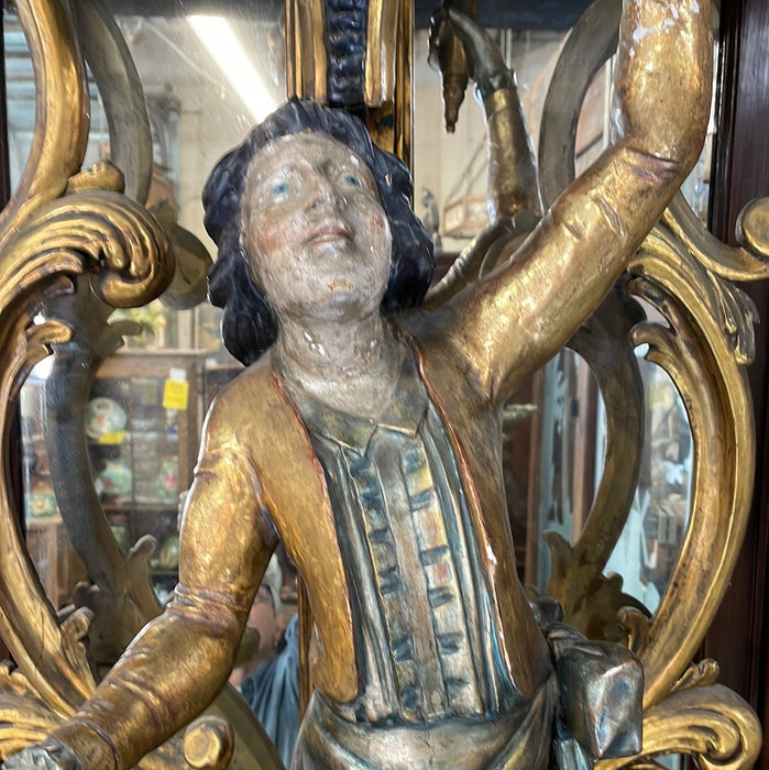 PAIR OF ITALIAN MARBLE TOP FULL FIGURAL CARVED CONSOLES WITH MARBLE PLINTHS