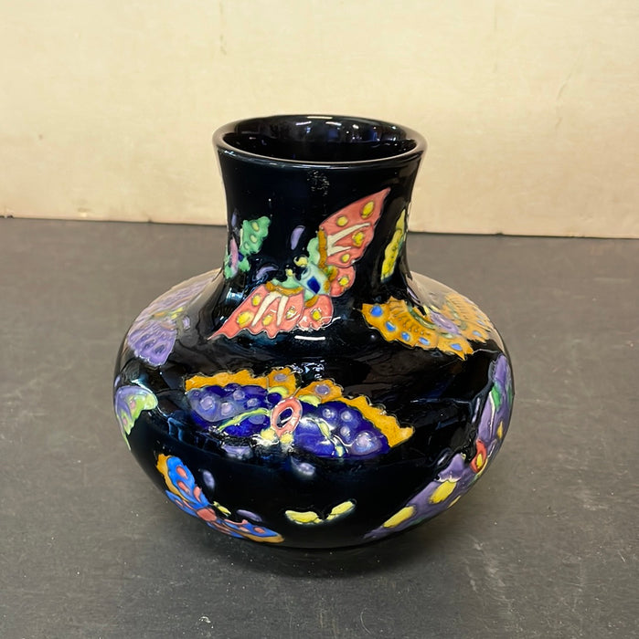 JAPANESE CERAMIC VASE BLACK WITH BUTTERFLIES