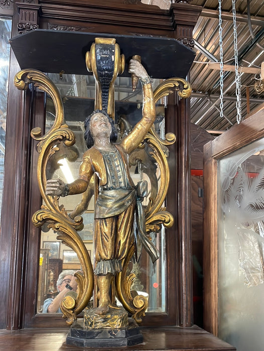 PAIR OF ITALIAN MARBLE TOP FULL FIGURAL CARVED CONSOLES WITH MARBLE PLINTHS