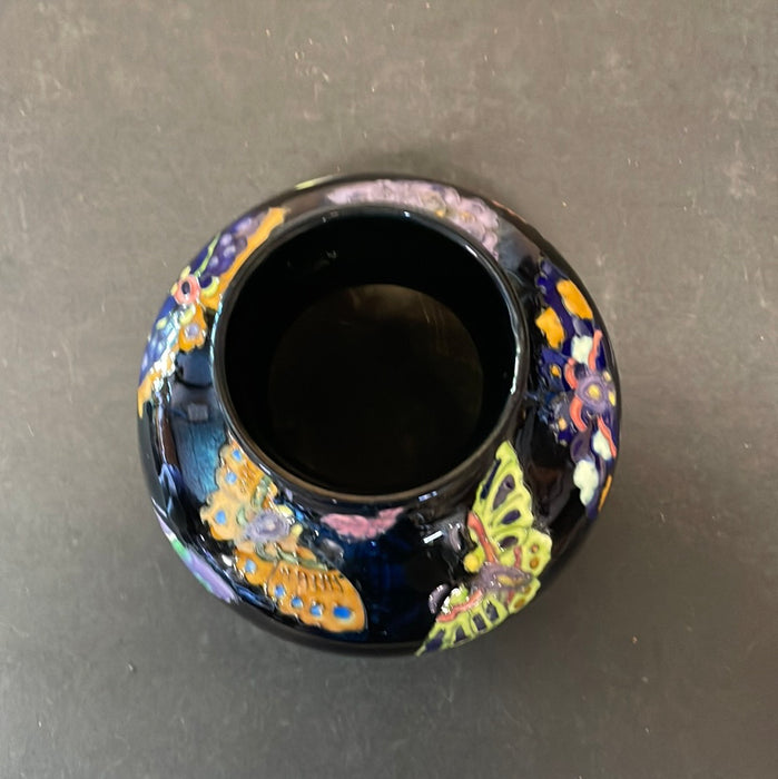 JAPANESE CERAMIC VASE BLACK WITH BUTTERFLIES
