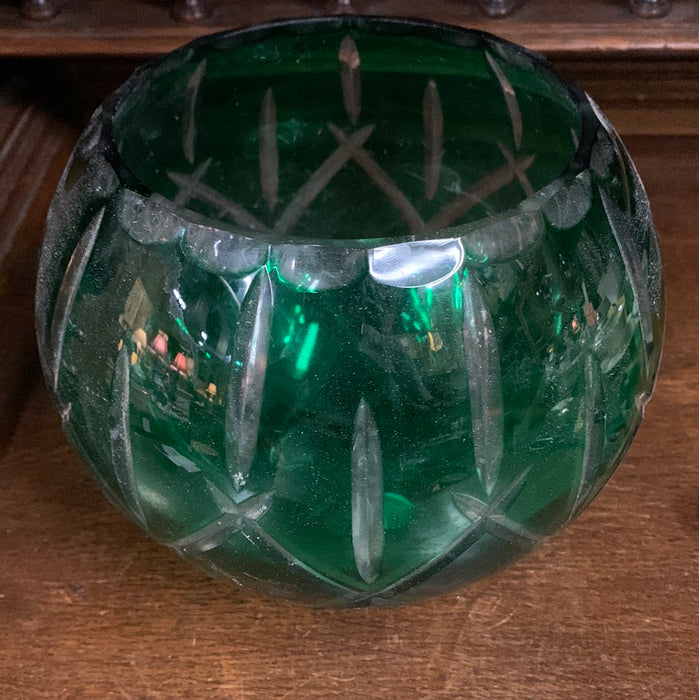 CUT GREEN GLASS ROSE BOWL