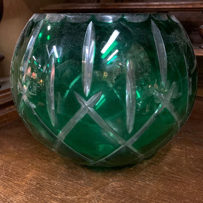 CUT GREEN GLASS ROSE BOWL