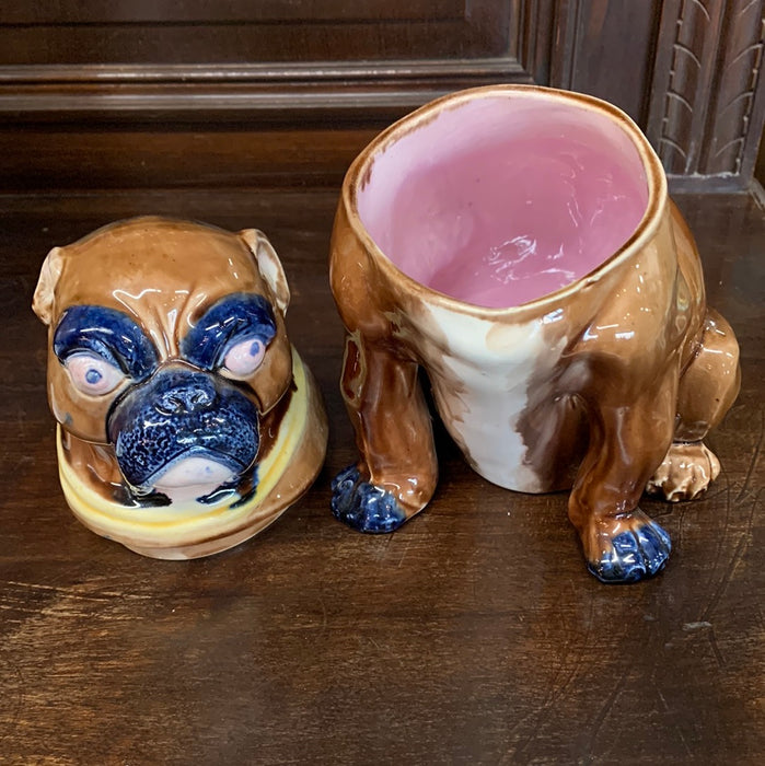 STAFFORDSHIRE BULLDOG JAR WITH LILAC COLORED BOW ON THE BACK