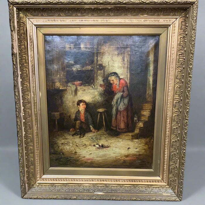 19TH CENTURY OIL PAINTING OF GRAND MOTHER AND CHILD IN THE KITCHEN BY WILLIAM LANGOIS