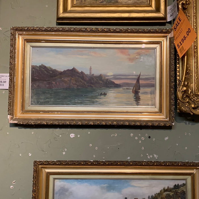 PAIR OF GILT FRAMED HARBOR PAINTINGS ON BOARD