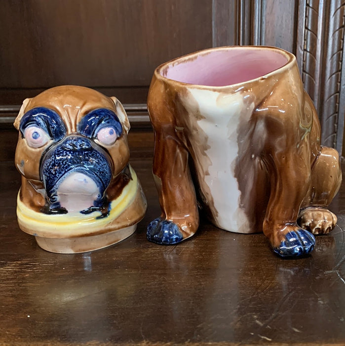 STAFFORDSHIRE BULLDOG JAR WITH LILAC COLORED BOW ON THE BACK
