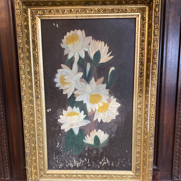 AS FOUND FRAMED OIL PAINTING OF WHITE FLOWERS