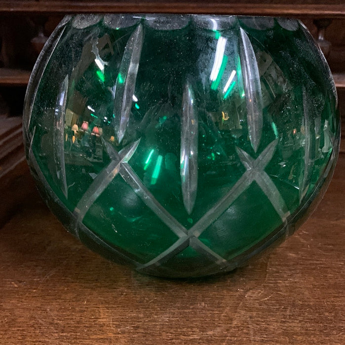 CUT GREEN GLASS ROSE BOWL