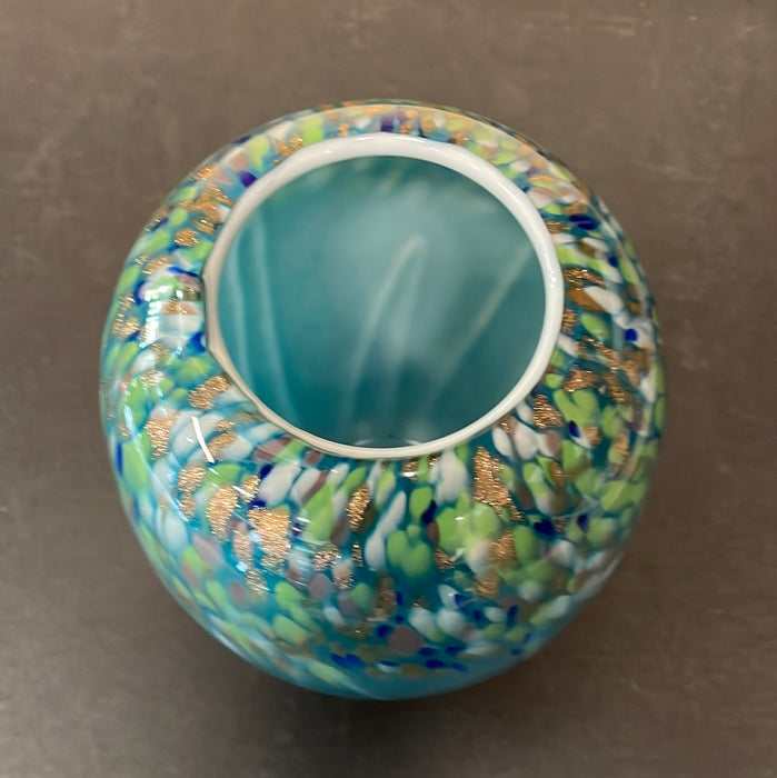 HAND BLOWN GLASS VASE WITH  BLUE AND GOLD FLECK PATTERN