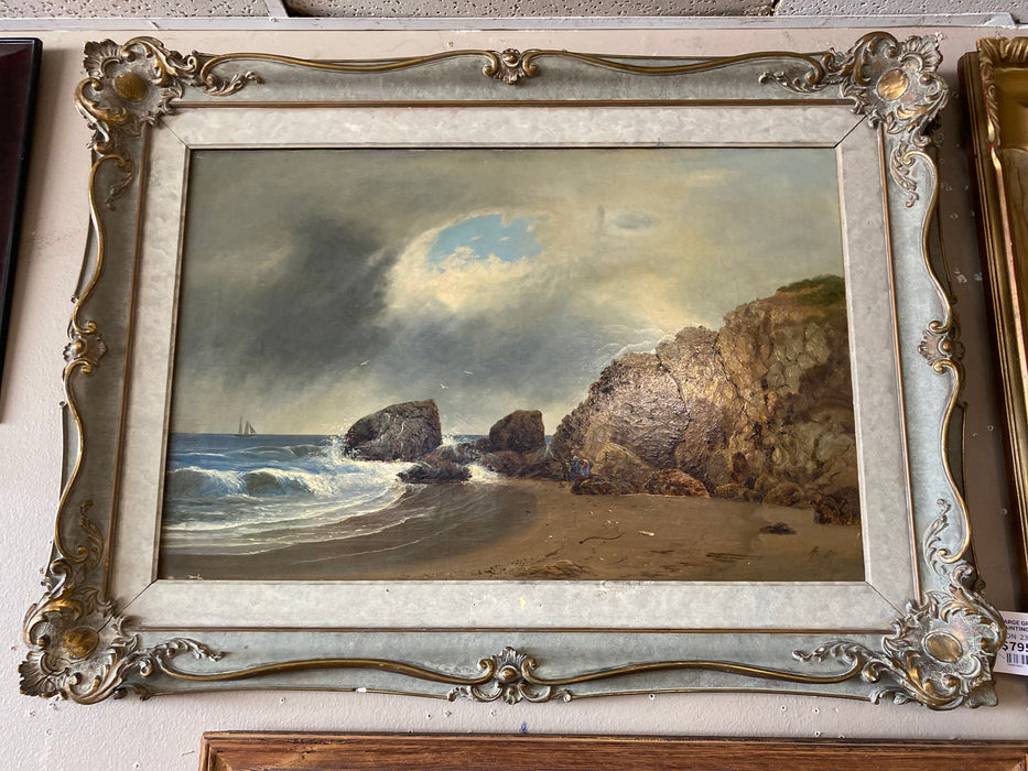LARGE GRAY & GOLD SEASCAPE OIL PAINTING WITH STORM COMING IN
