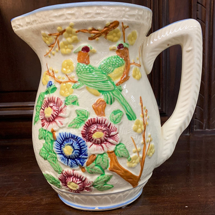 19TH CENTURY STAFFORSHIRE PITCHER WITH FLOWERS AND A PAIR OF BIRDS