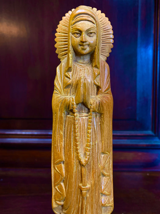 CARVED STATUE OF MARY WITH ROSARY