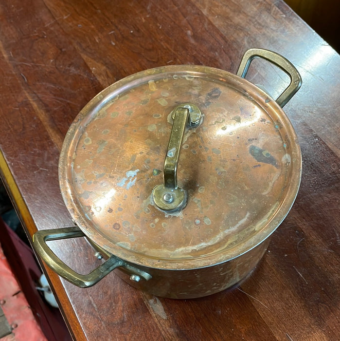 SMALL COPPER PAN WITH LID AND BRASS HANDLES