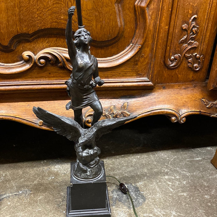 SPELTER LADY WITH EAGLE LAMP