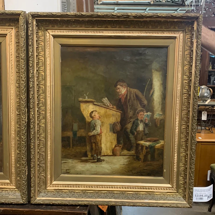 19TH CENTURY OIL PAINTING OF TEACHER WITH BAD CHILD BY WILLIAM LANGOIS