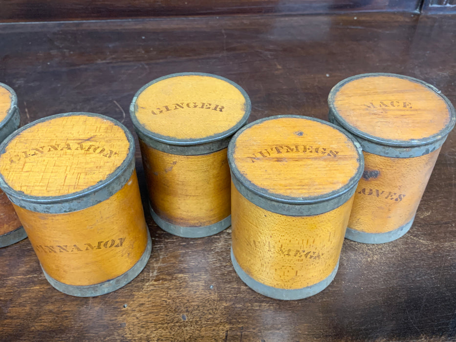 SET OF 6 ROUND WOOD SPICE BOXES
