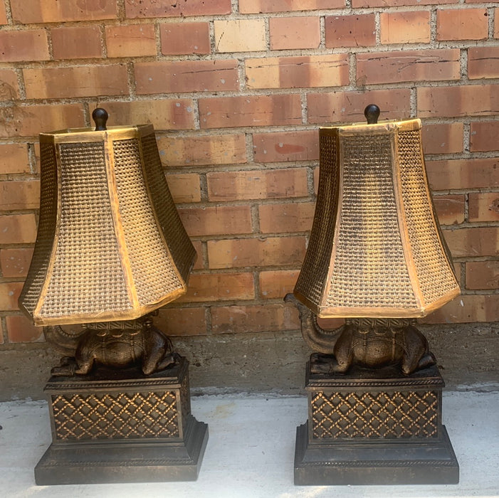 PAIR CAMEL LAMPS WITH GOLD SHADES