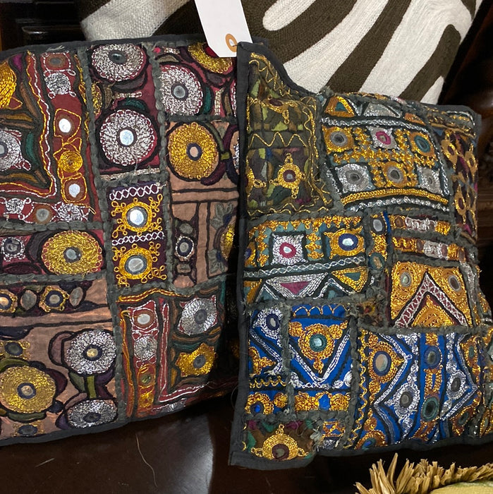 PAIR OF SMALL INDONESIAN METAL THREAD PILLOWS