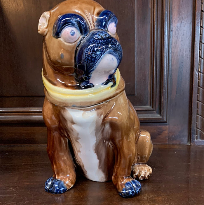 STAFFORDSHIRE BULLDOG JAR WITH LILAC COLORED BOW ON THE BACK