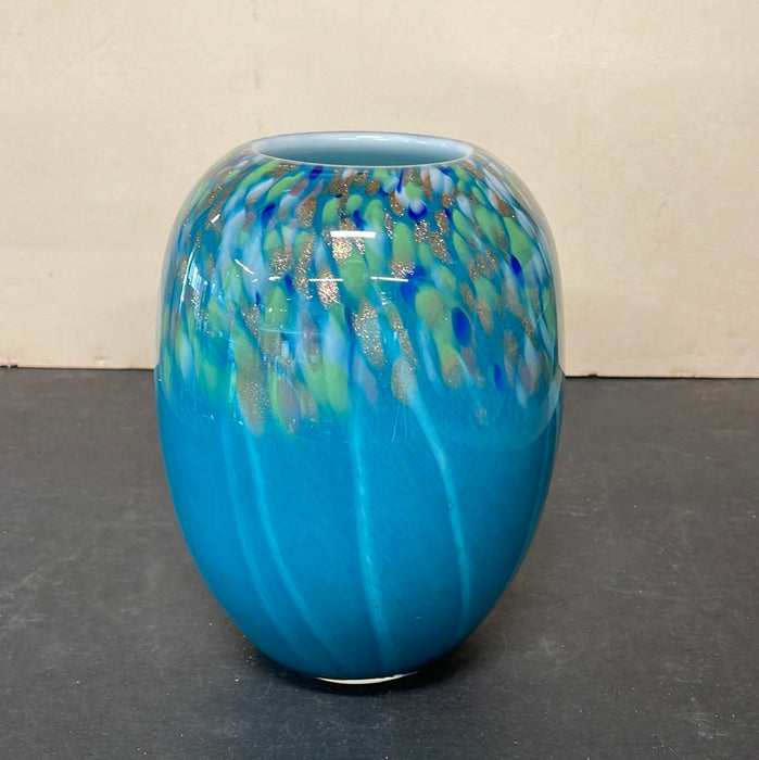 HAND BLOWN GLASS VASE WITH  BLUE AND GOLD FLECK PATTERN