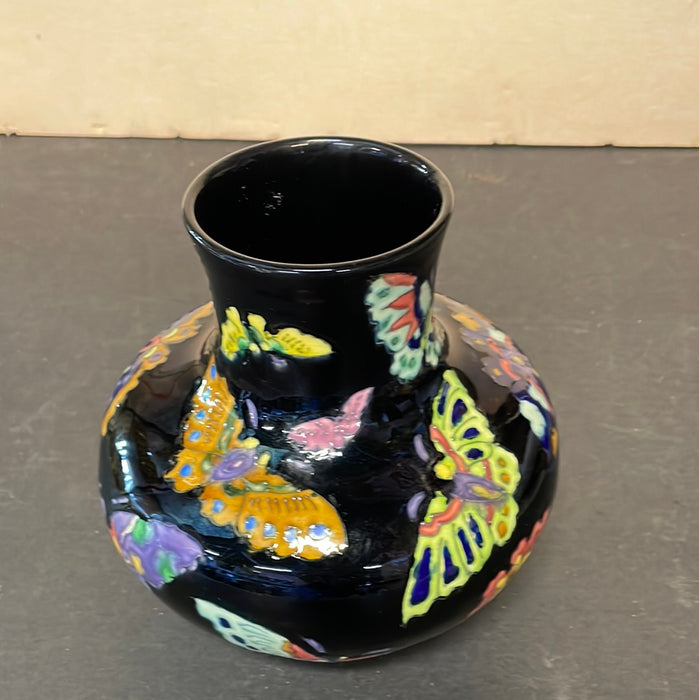 JAPANESE CERAMIC VASE BLACK WITH BUTTERFLIES