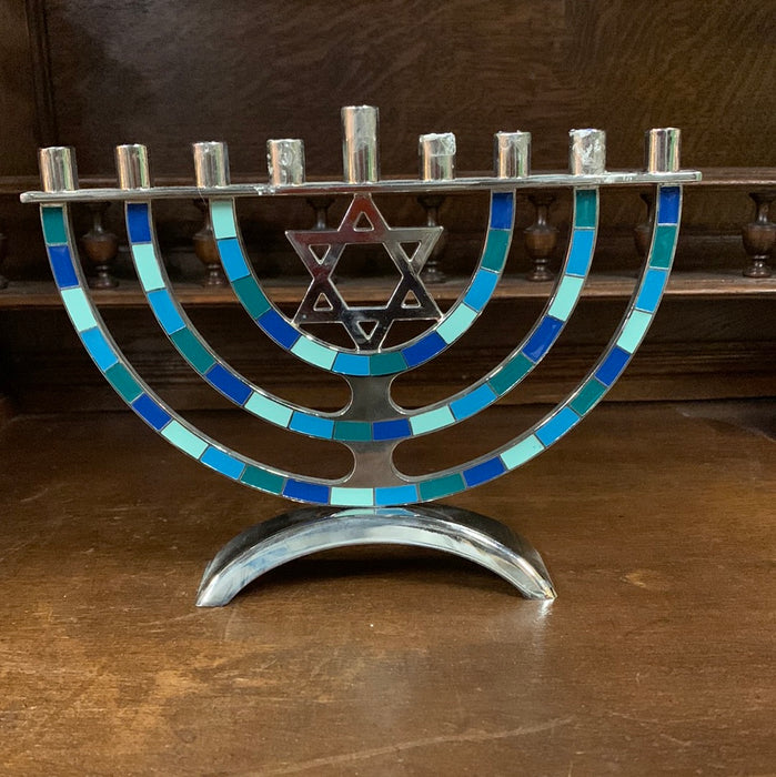 CHROME AND BLUE MENORAH