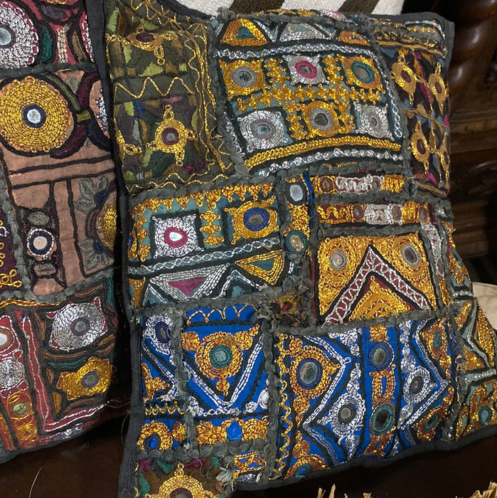 PAIR OF SMALL INDONESIAN METAL THREAD PILLOWS