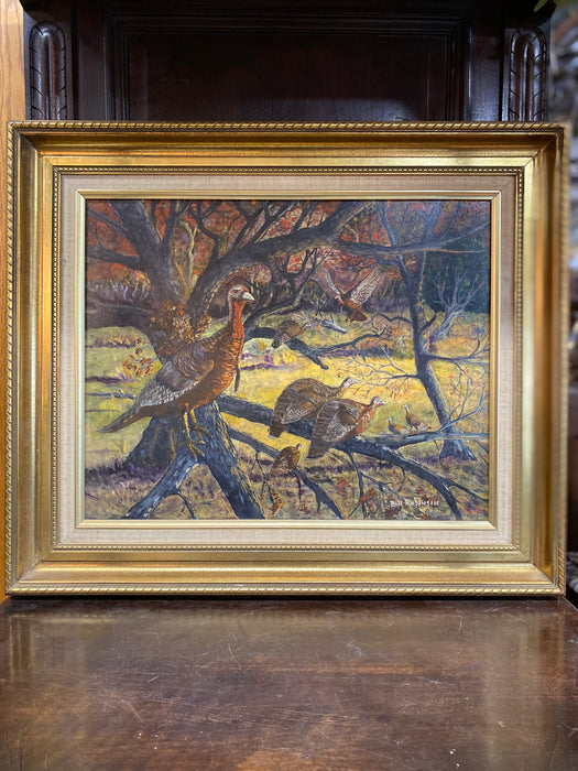 FLOCK OF TURKEYS IN TREE IN GOLD FRAME WITH LINEN