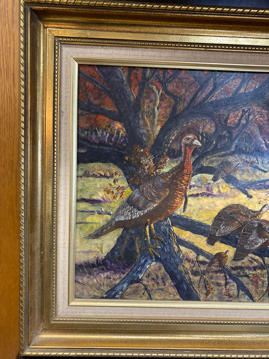 FLOCK OF TURKEYS IN TREE IN GOLD FRAME WITH LINEN