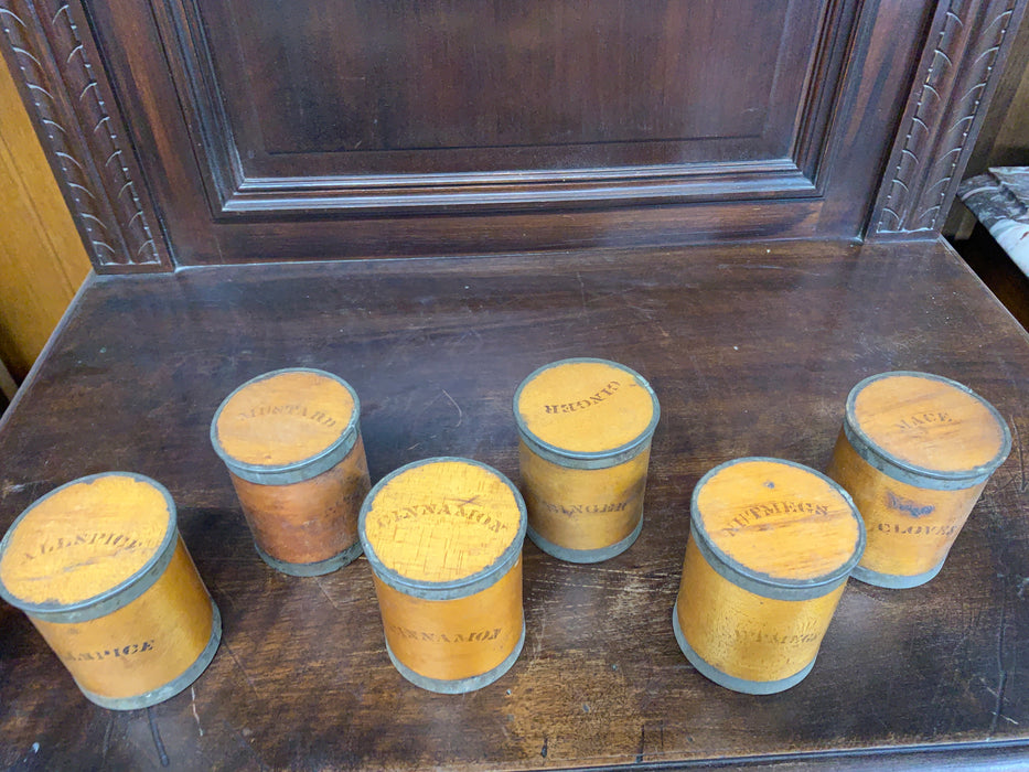 SET OF 6 ROUND WOOD SPICE BOXES