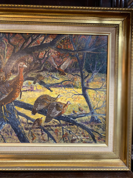 FLOCK OF TURKEYS IN TREE IN GOLD FRAME WITH LINEN