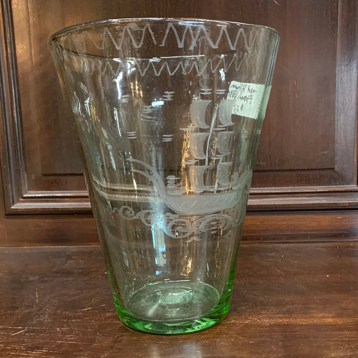 HAND BLOWN ETCHED VASE