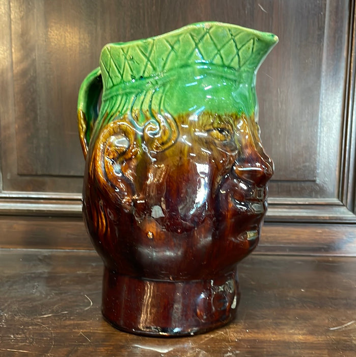 MAJOLICA PITCHER WITH FACE BROWN AND GREEN