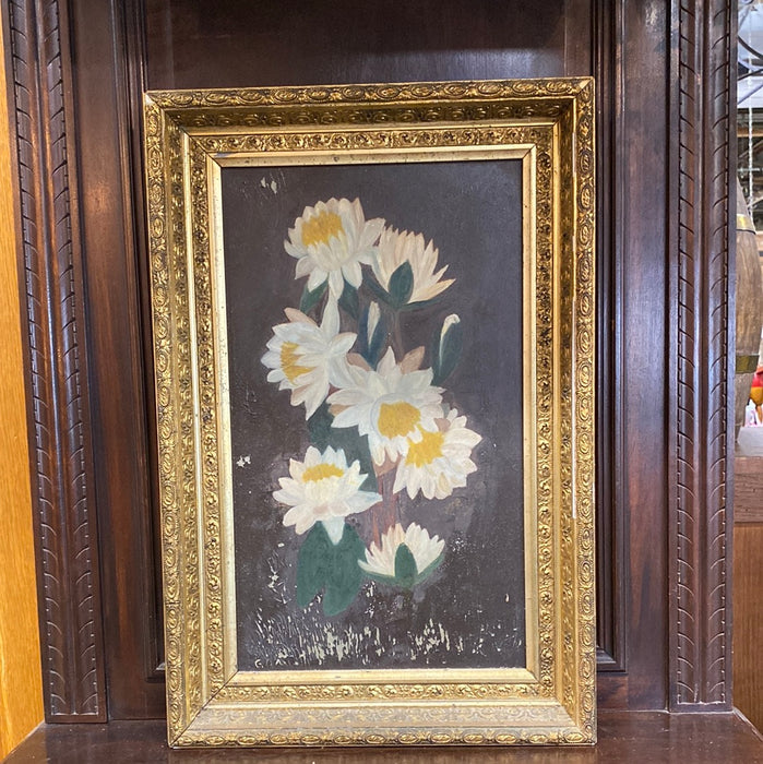 AS FOUND FRAMED OIL PAINTING OF WHITE FLOWERS