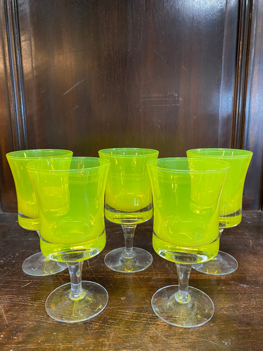 SET OF 5 VASELINE STYLE YELLOW TO CLEAR STEM GLASSES