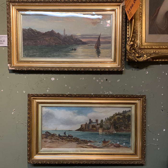 PAIR OF GILT FRAMED HARBOR PAINTINGS ON BOARD