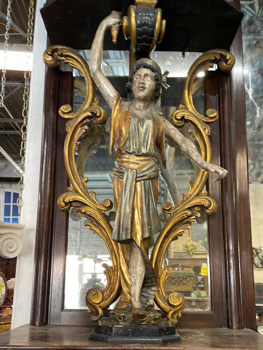 PAIR OF ITALIAN MARBLE TOP FULL FIGURAL CARVED CONSOLES WITH MARBLE PLINTHS