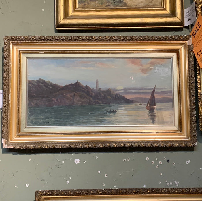 PAIR OF GILT FRAMED HARBOR PAINTINGS ON BOARD