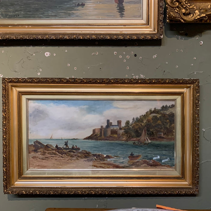 PAIR OF GILT FRAMED HARBOR PAINTINGS ON BOARD