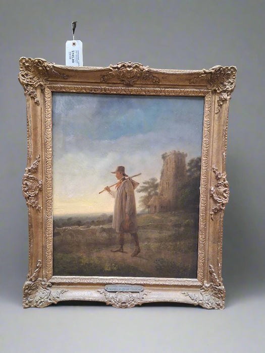 SMALL GILT FRAMED OIL PAINTING ON BOARD "THE SHEPARD" SIGNED JULIUS CAESAR IBERTSON
