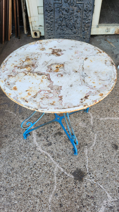 BLUE AND WHITE METAL PATIO TABLE